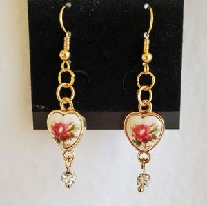Womens gold floral heart hook earrings